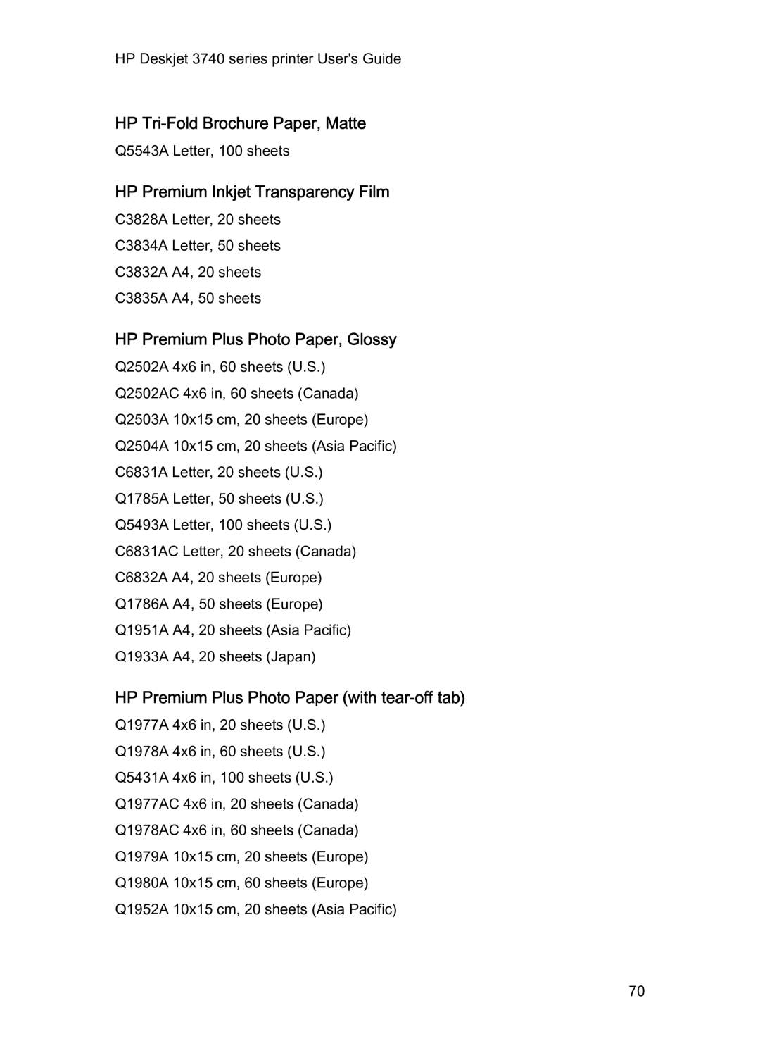 HP 3740 manual HP Tri-Fold Brochure Paper, Matte, HP Premium Inkjet Transparency Film, HP Premium Plus Photo Paper, Glossy 