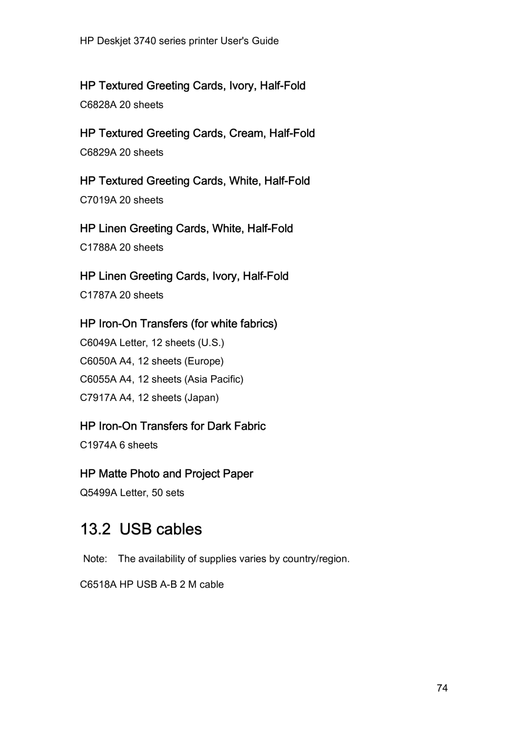 HP 3740 manual USB cables 