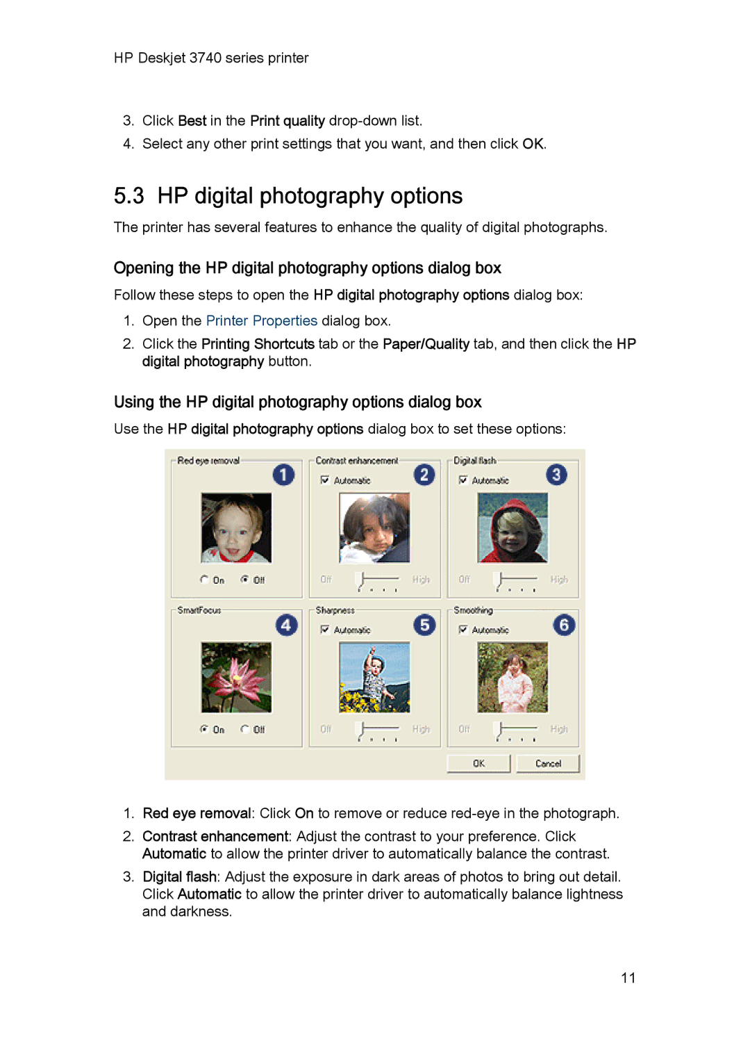 HP 3748 Opening the HP digital photography options dialog box, Using the HP digital photography options dialog box 