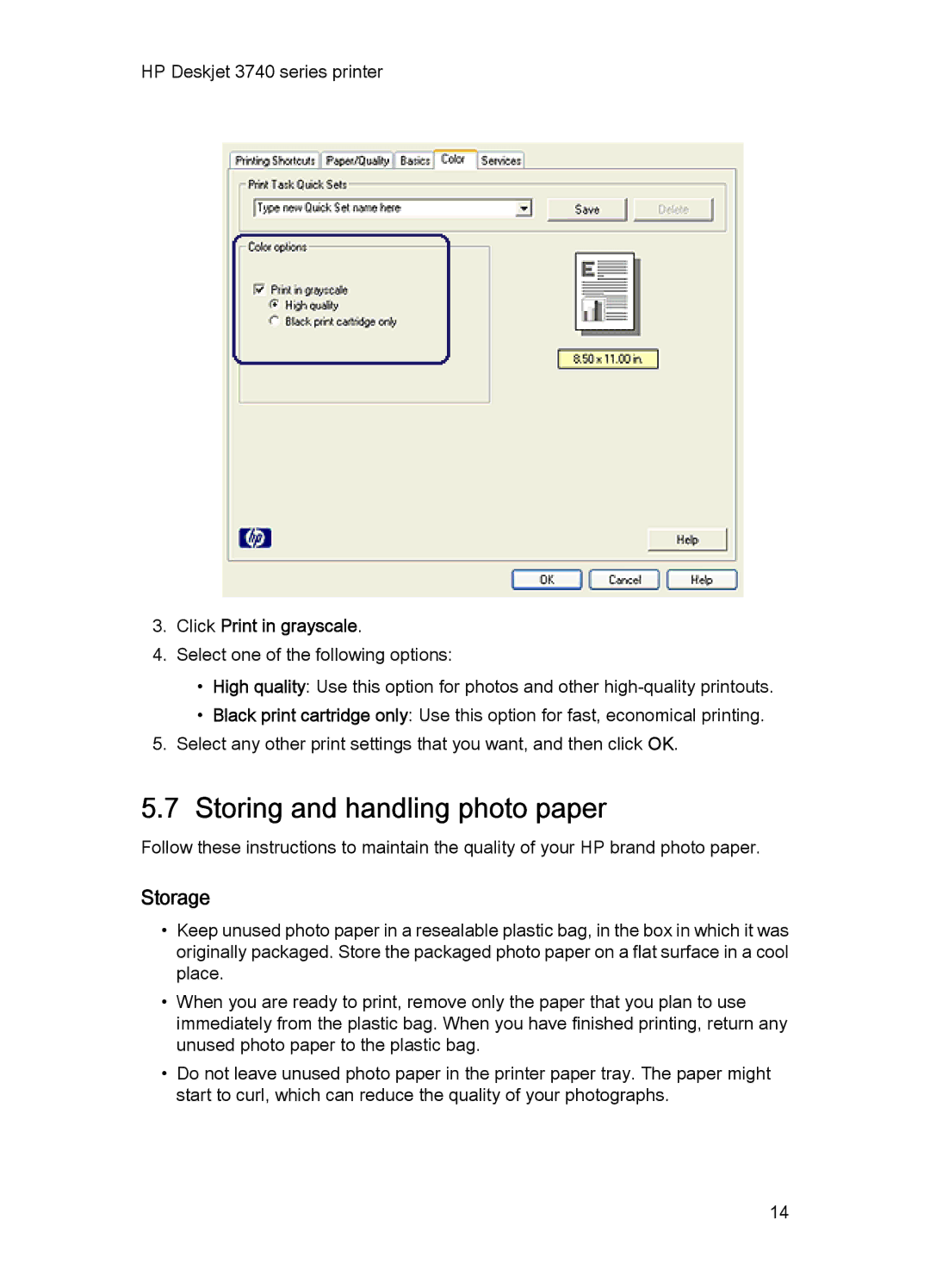 HP 3748 manual Storing and handling photo paper, Storage, Click Print in grayscale 