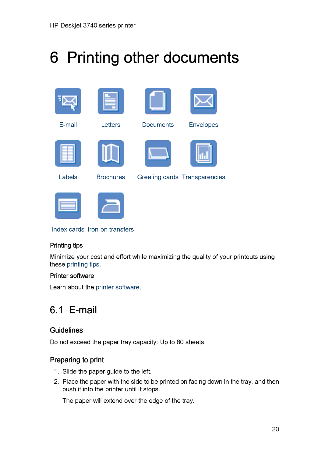 HP 3748 manual Printing other documents, Mail, Printing tips, Printer software 