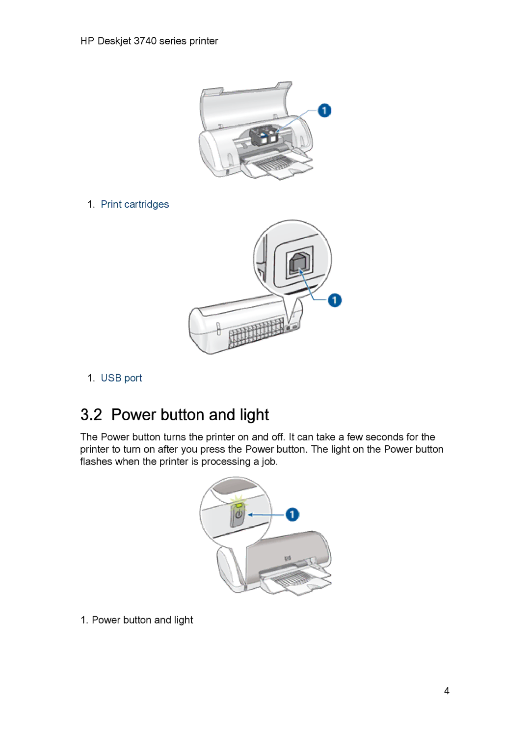 HP 3748 manual Power button and light 