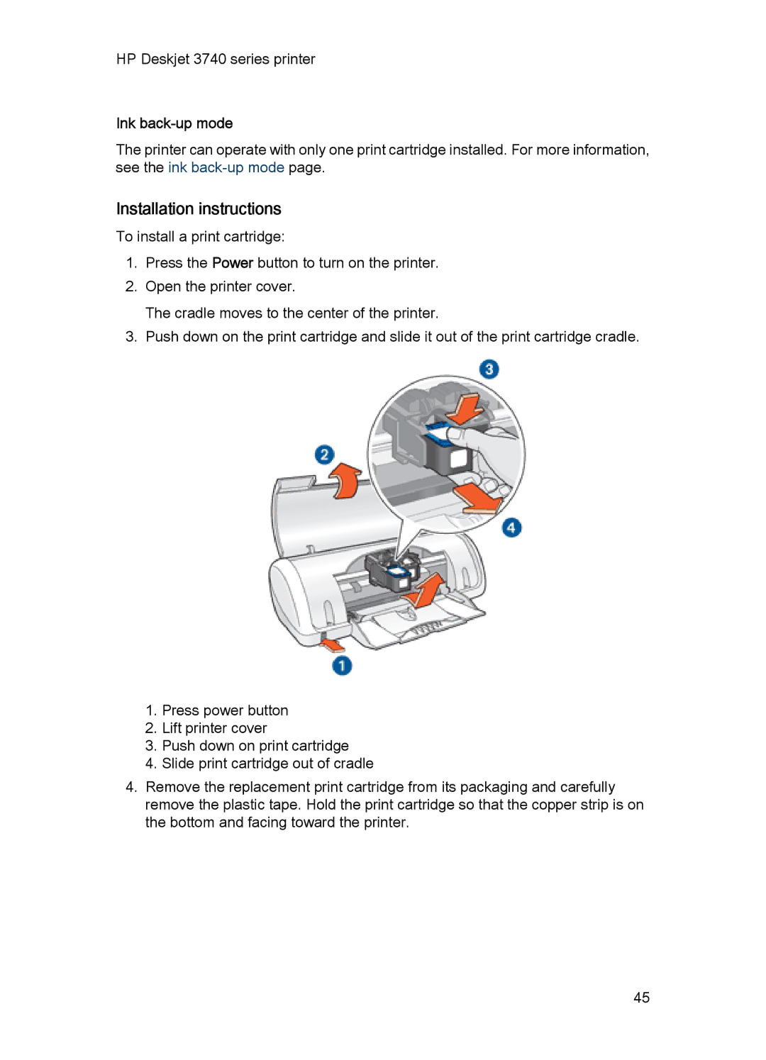 HP 3748 manual Installation instructions, Ink back-up mode 