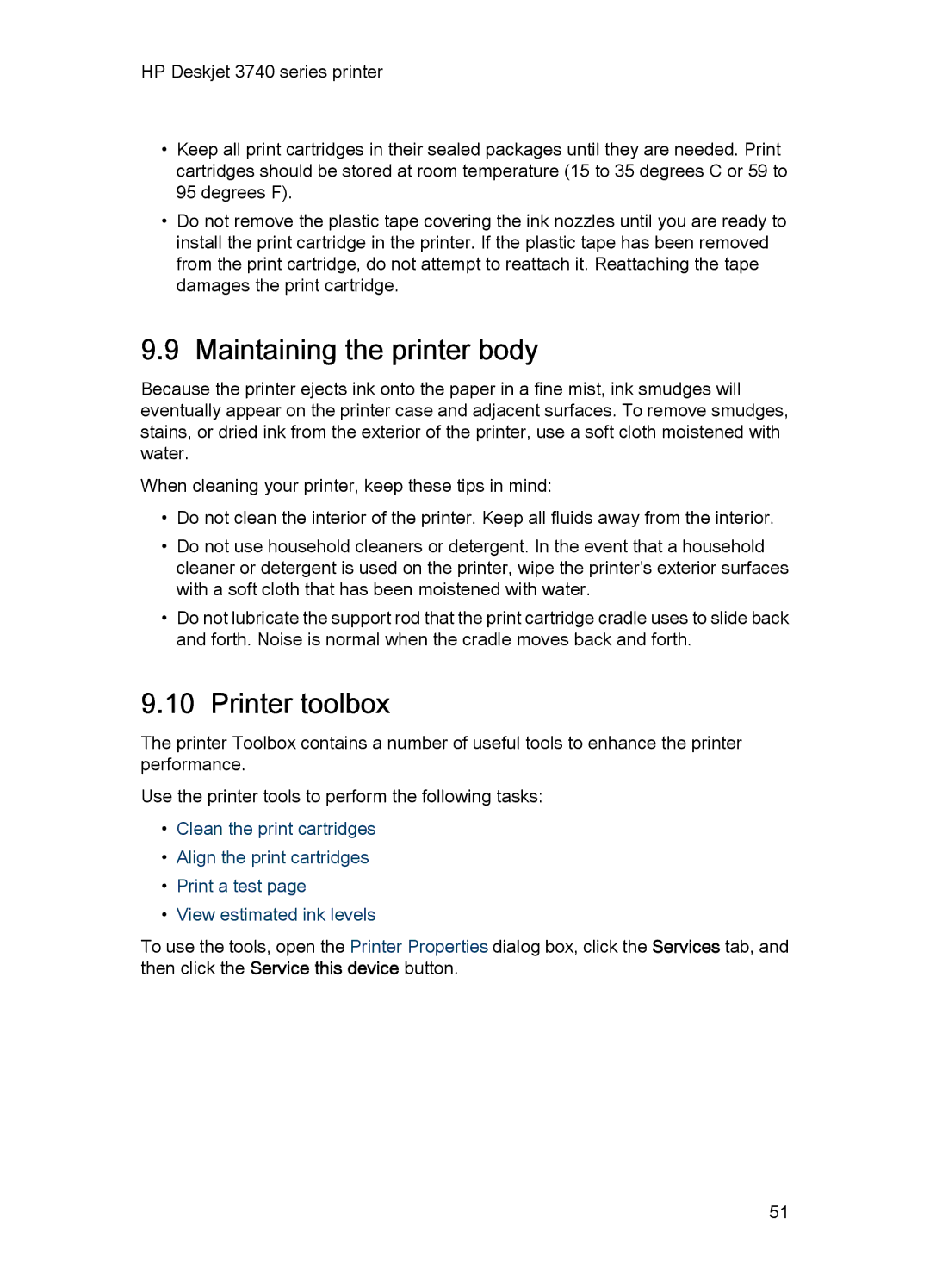 HP 3748 manual Maintaining the printer body, Printer toolbox 