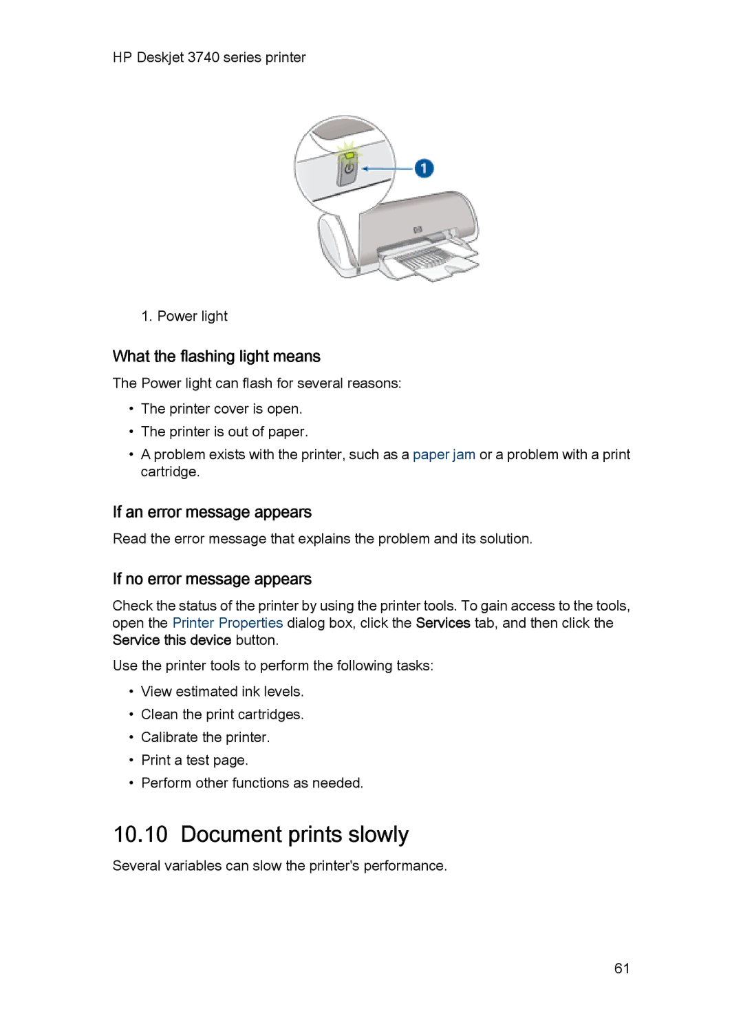 HP 3748 Document prints slowly, What the flashing light means, If an error message appears, If no error message appears 