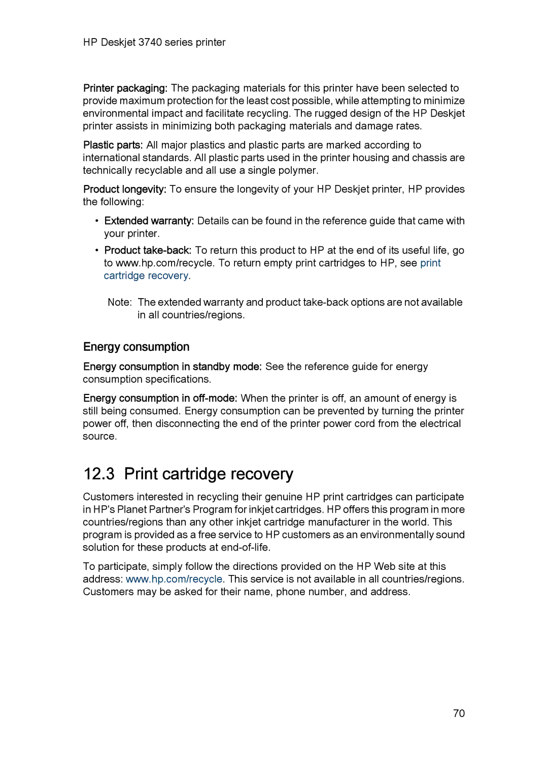 HP 3748 manual Print cartridge recovery, Energy consumption 