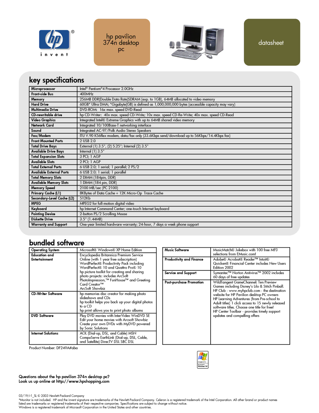 HP 374n (US) manual Key specifications, Bundled software, Questions about the hp pavilion 374n desktop pc?, PCI 1 AGP 