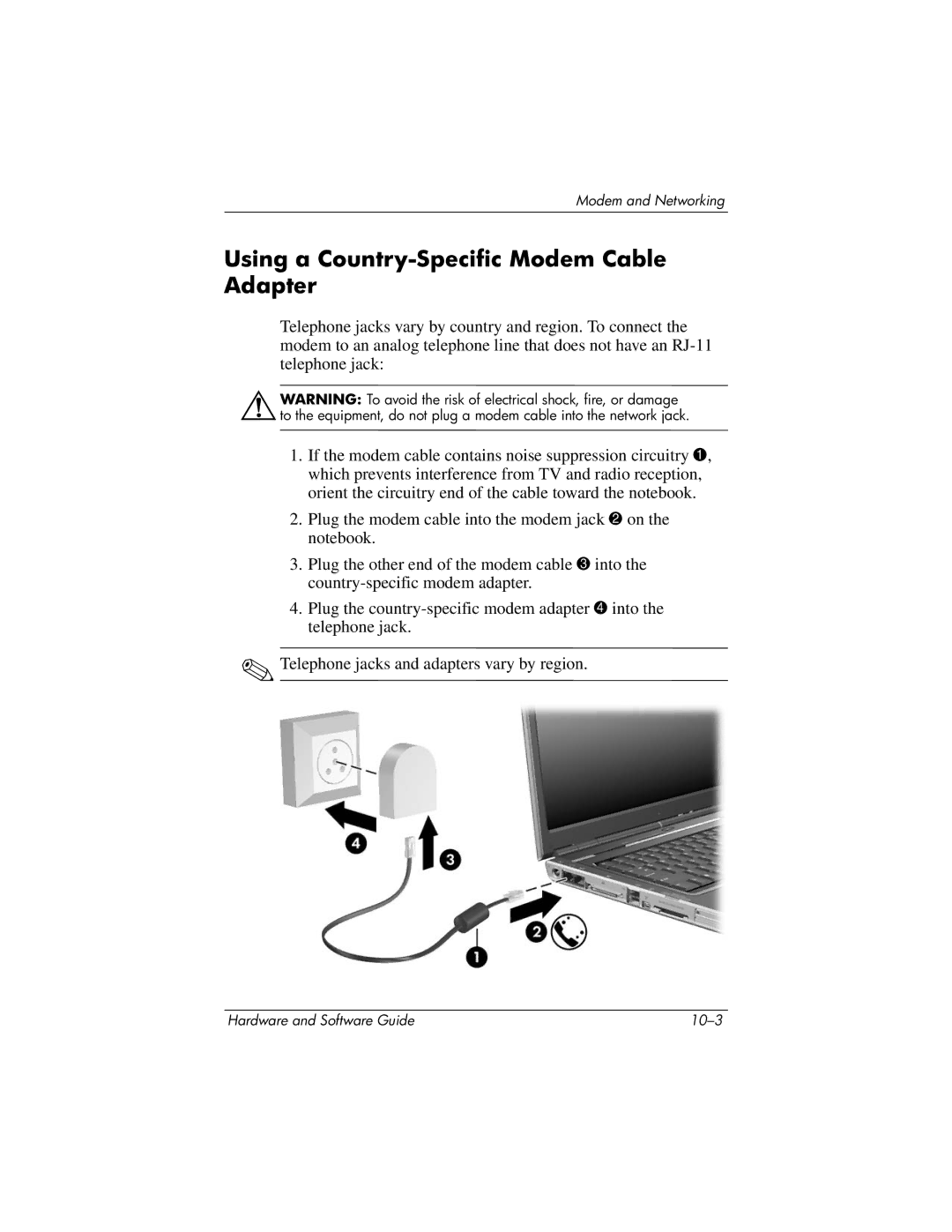 HP 375424-001 manual Using a Country-Specific Modem Cable Adapter 