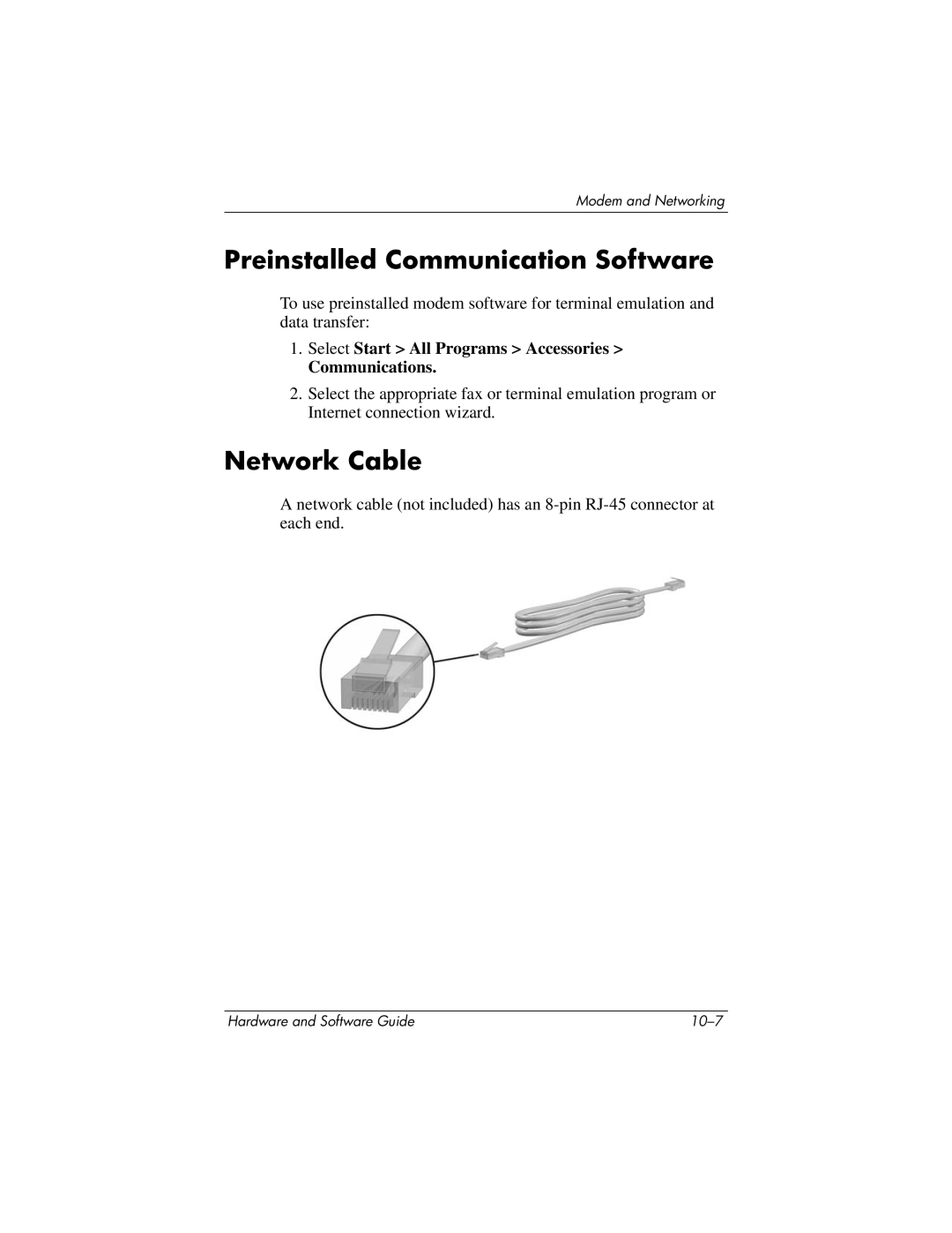 HP 375424-001 manual Preinstalled Communication Software, Network Cable 