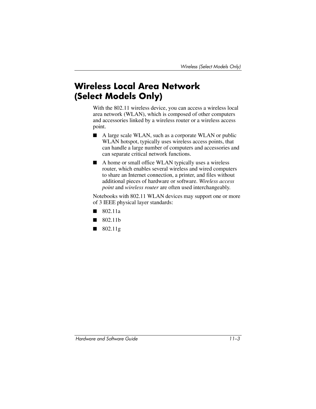 HP 375424-001 manual Wireless Local Area Network Select Models Only 