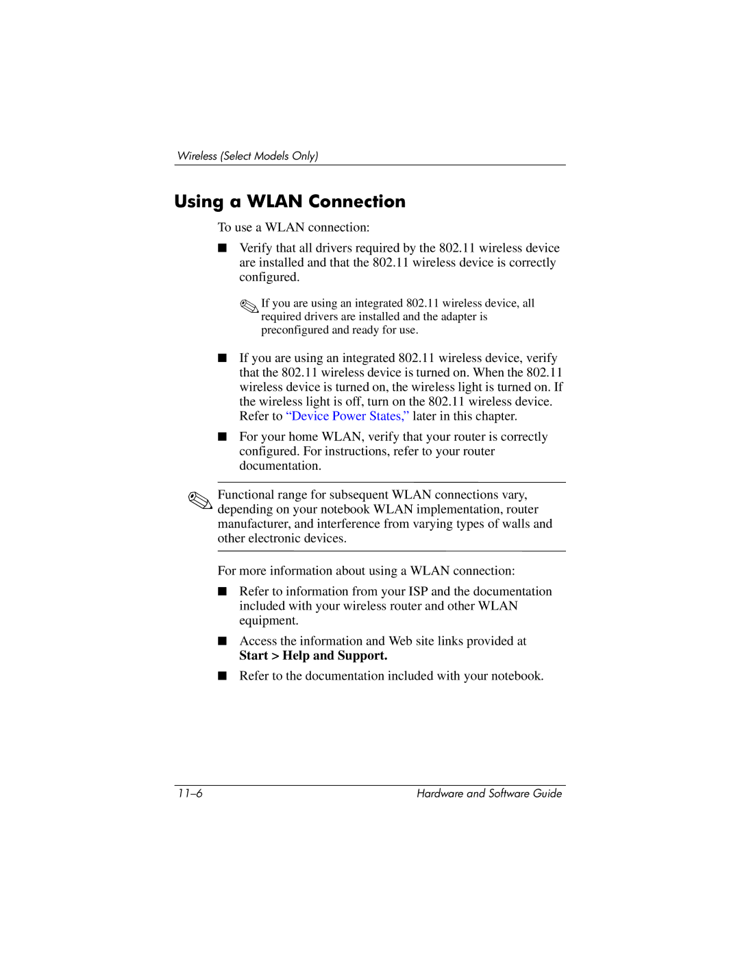 HP 375424-001 manual Using a Wlan Connection, Start Help and Support 