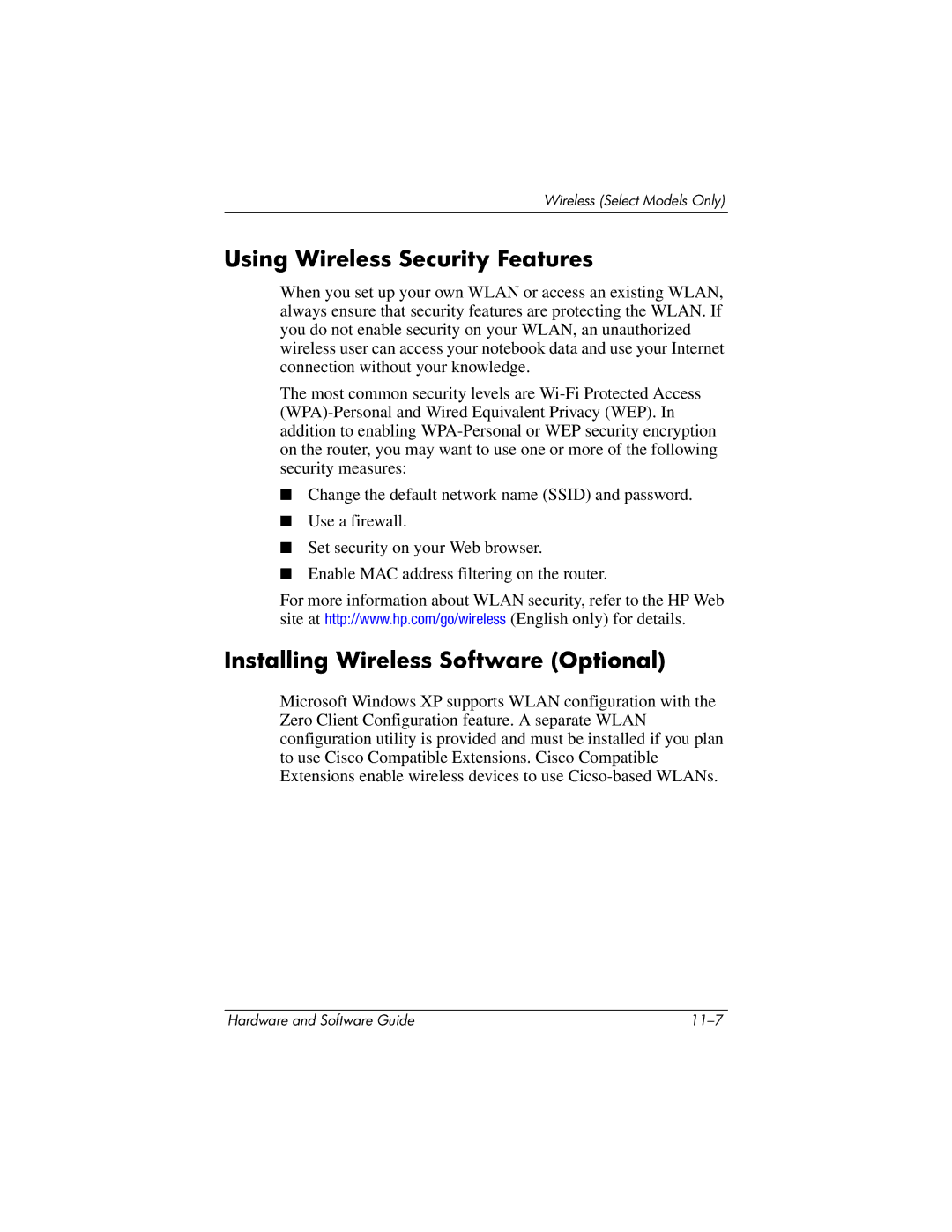 HP 375424-001 manual Using Wireless Security Features, Installing Wireless Software Optional 