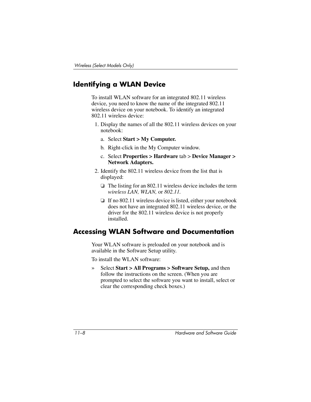 HP 375424-001 manual Identifying a Wlan Device, Accessing Wlan Software and Documentation 