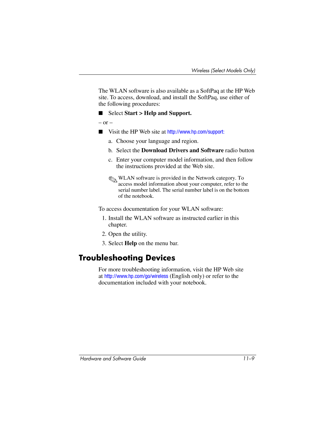 HP 375424-001 manual Troubleshooting Devices, Select the Download Drivers and Software radio button 