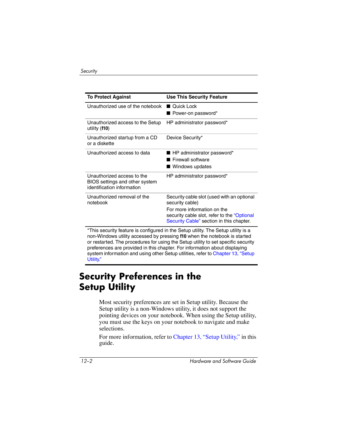 HP 375424-001 manual Security Preferences Setup Utility, To Protect Against Use This Security Feature 