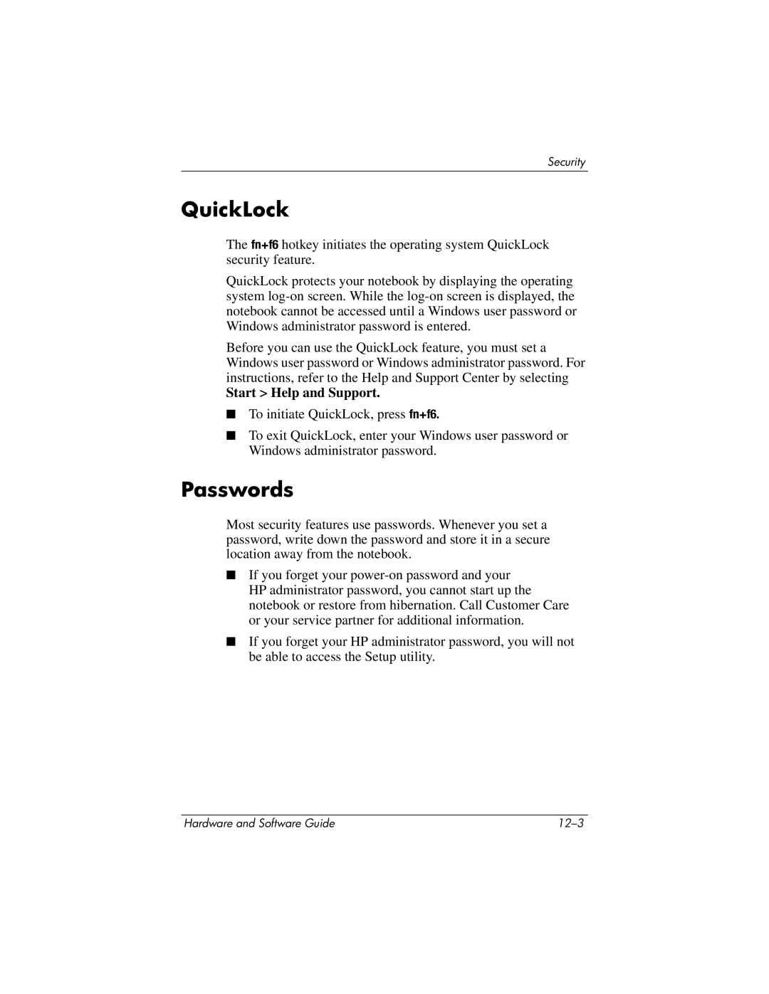 HP 375424-001 manual QuickLock, Passwords 