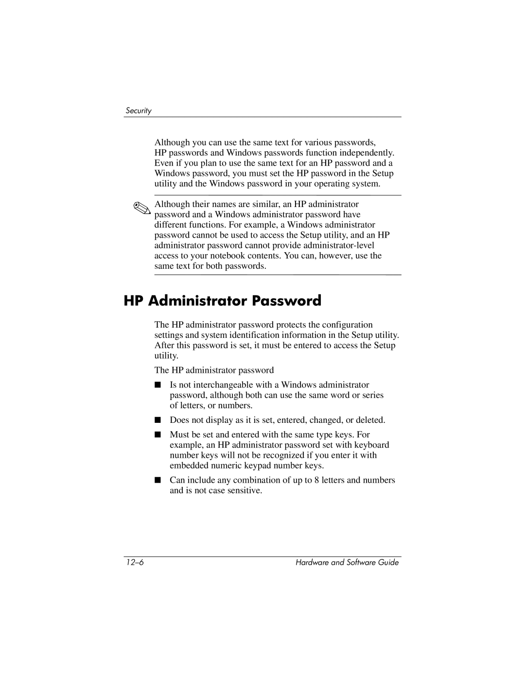 HP 375424-001 manual HP Administrator Password 