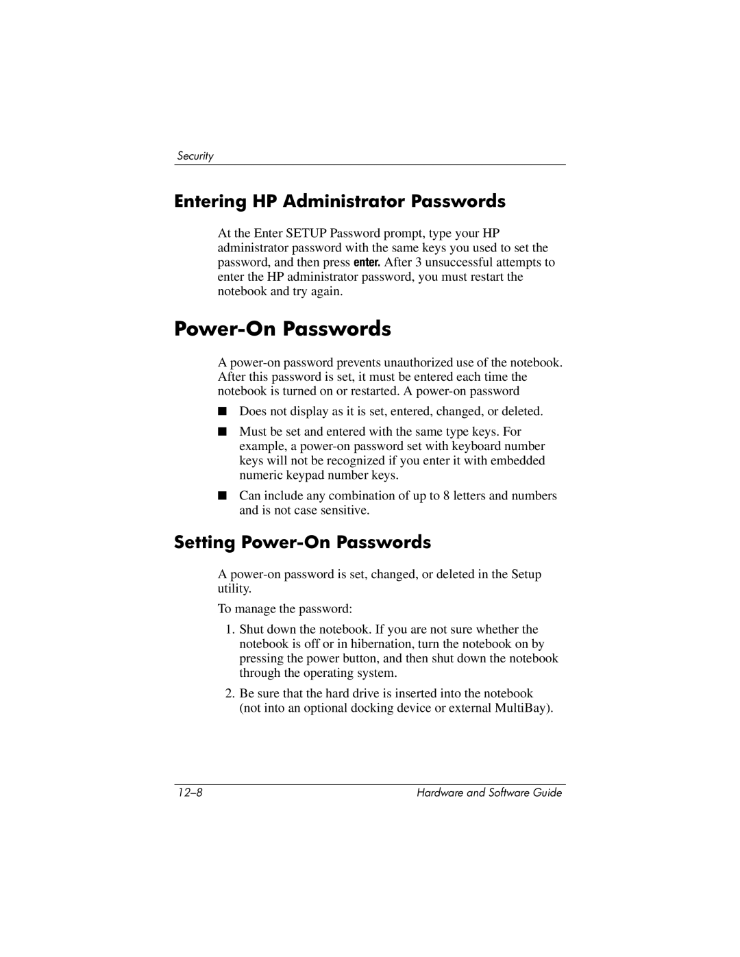 HP 375424-001 manual Entering HP Administrator Passwords, Setting Power-On Passwords 