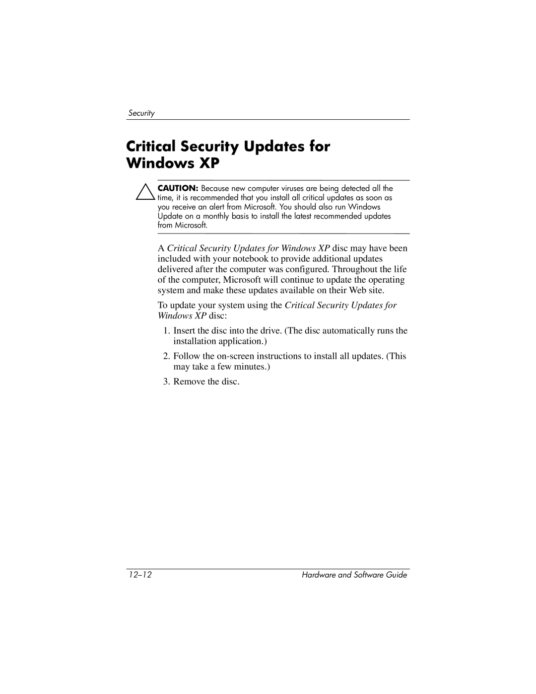 HP 375424-001 manual Critical Security Updates for Windows XP 