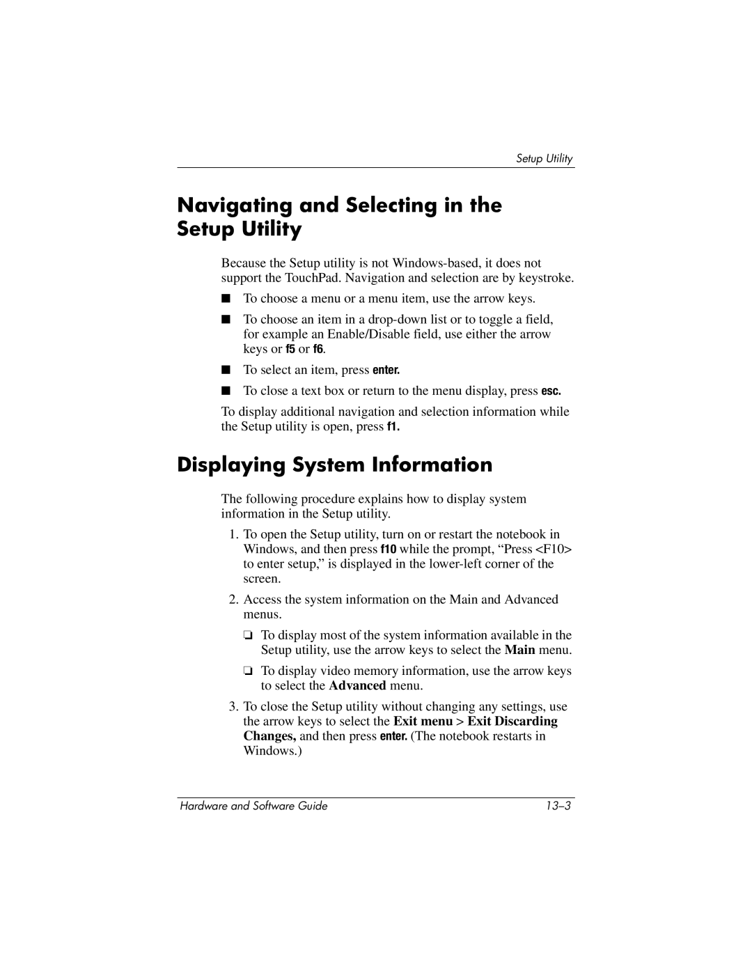 HP 375424-001 manual Navigating and Selecting in the Setup Utility, Displaying System Information 