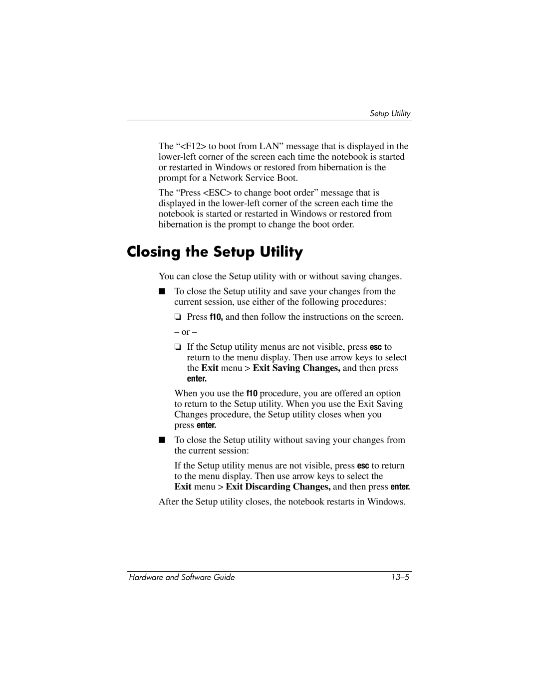 HP 375424-001 manual Closing the Setup Utility 