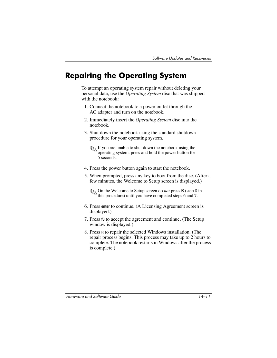 HP 375424-001 manual Repairing the Operating System 