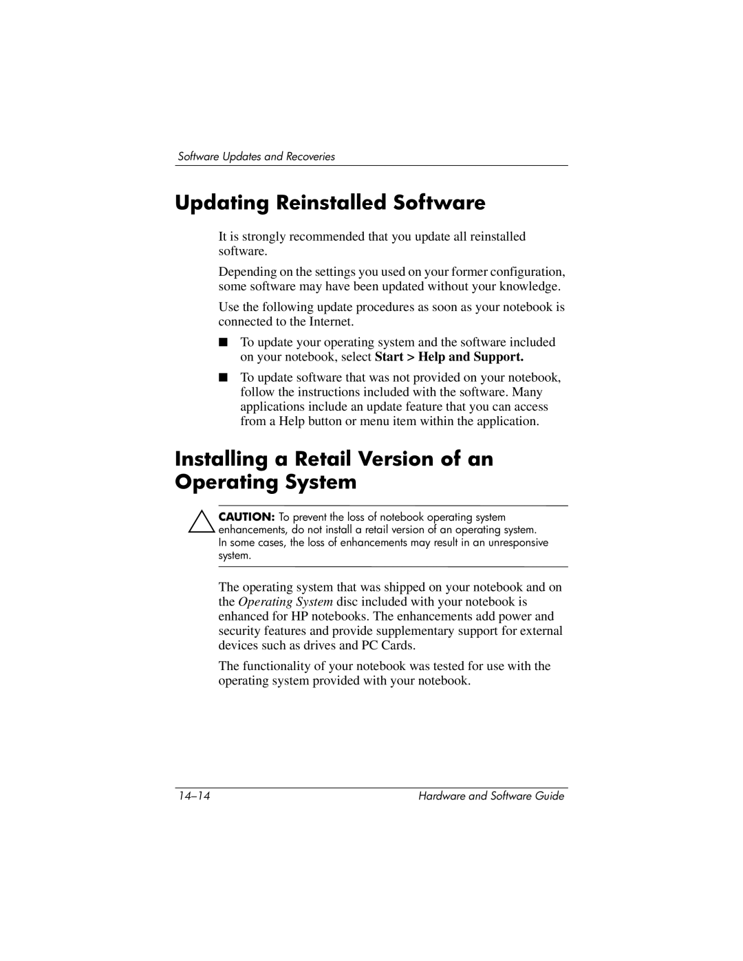 HP 375424-001 manual Updating Reinstalled Software, Installing a Retail Version of an Operating System 