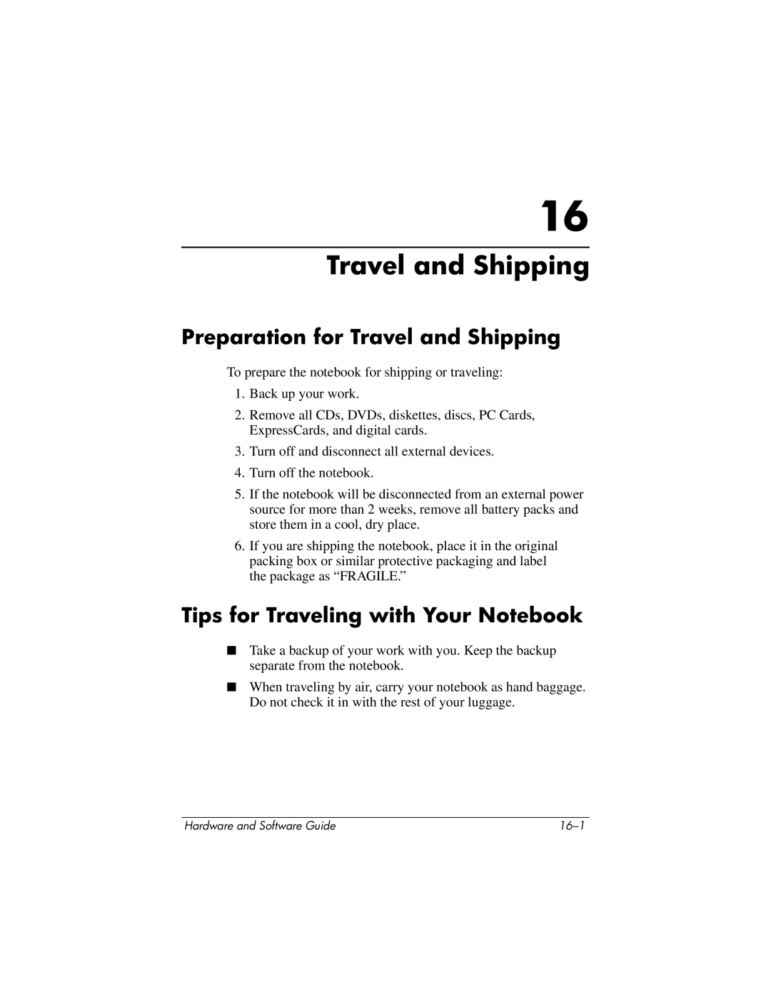 HP 375424-001 manual Preparation for Travel and Shipping, Tips for Traveling with Your Notebook 