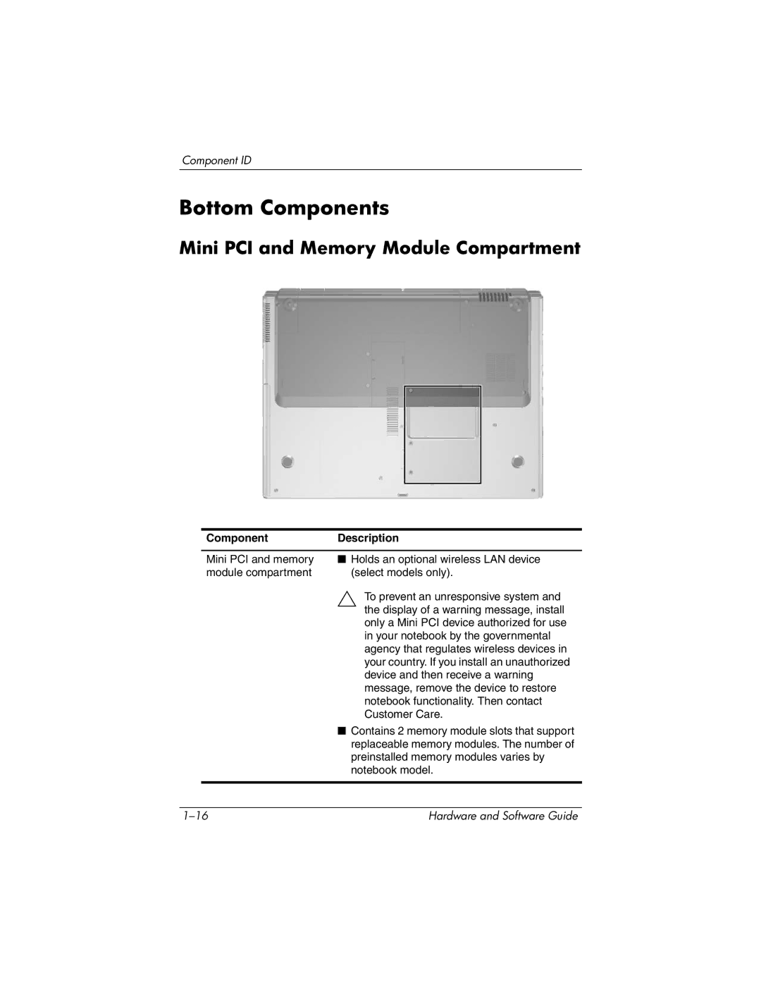 HP 375424-001 manual Bottom Components, Mini PCI and Memory Module Compartment 