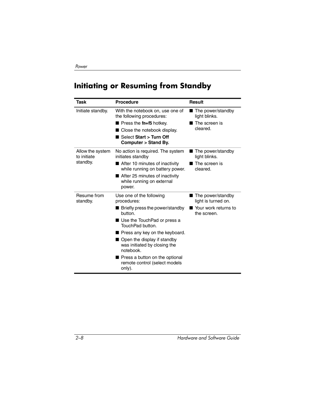 HP 375424-001 manual Initiating or Resuming from Standby, Task Procedure Result, Select Start Turn Off Computer Stand By 