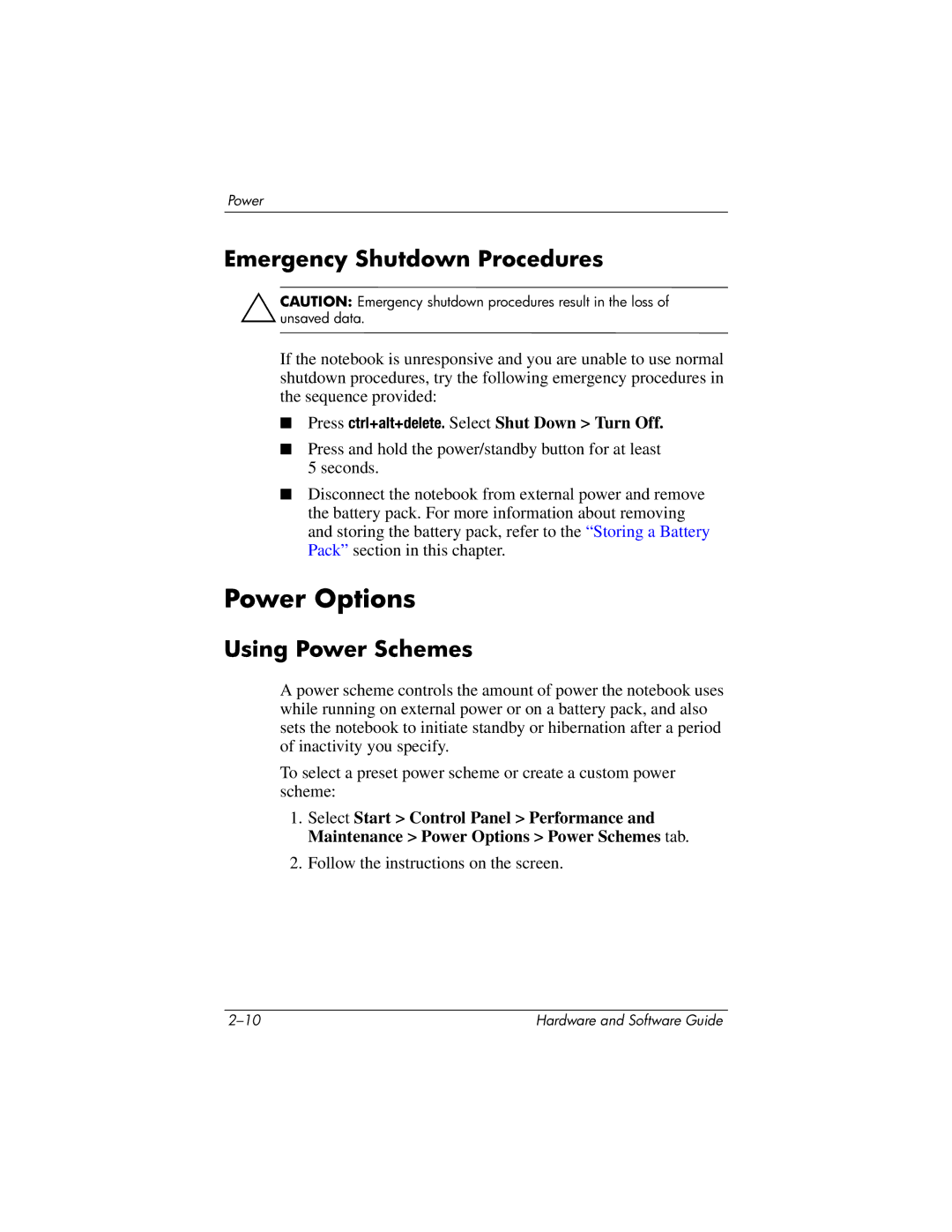 HP 375424-001 manual Power Options, Emergency Shutdown Procedures, Using Power Schemes 