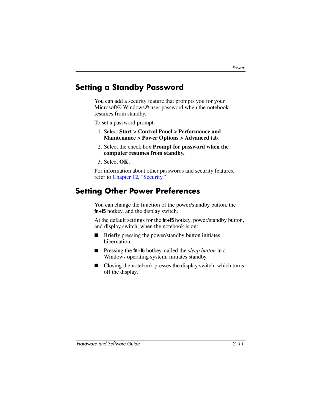 HP 375424-001 manual Setting a Standby Password, Setting Other Power Preferences 