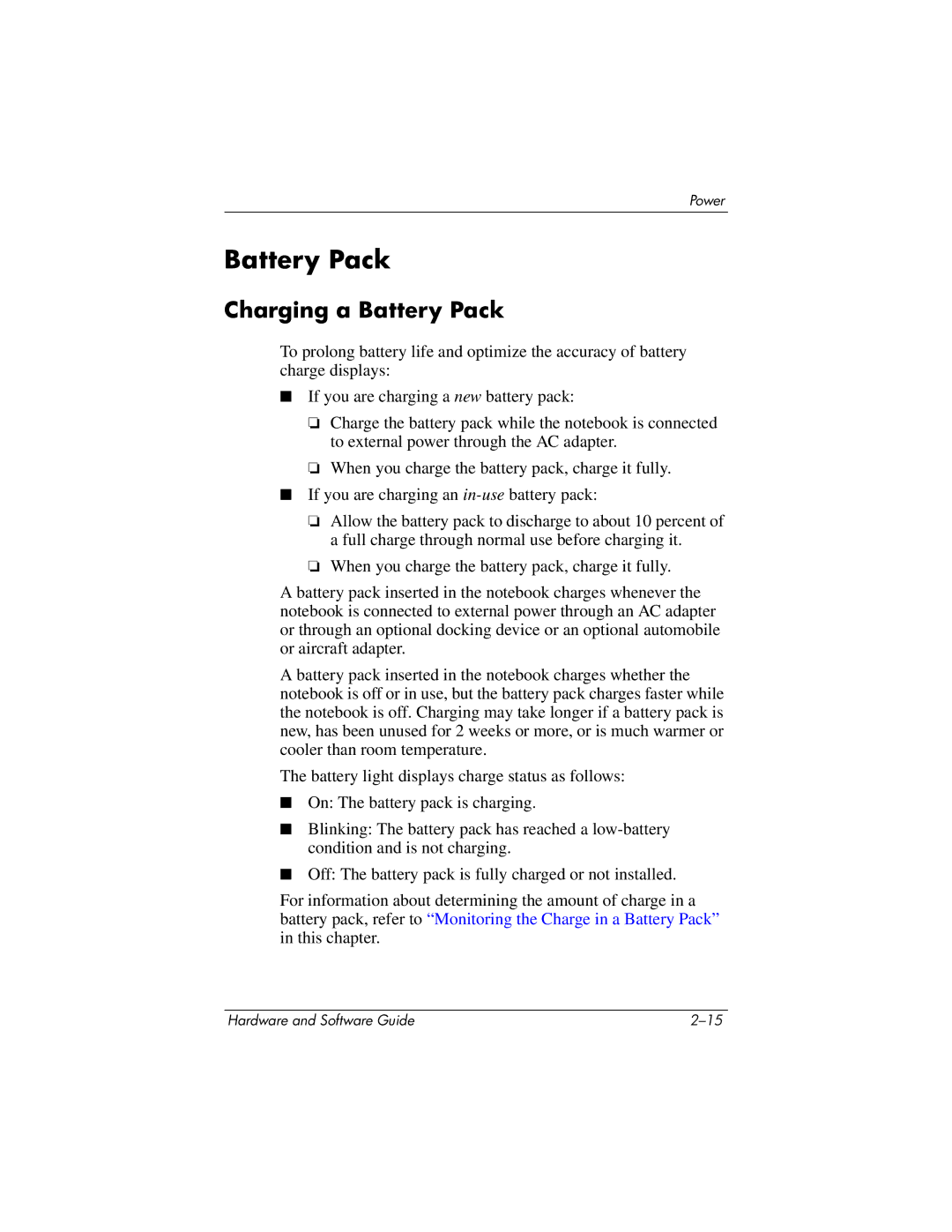 HP 375424-001 manual Charging a Battery Pack 