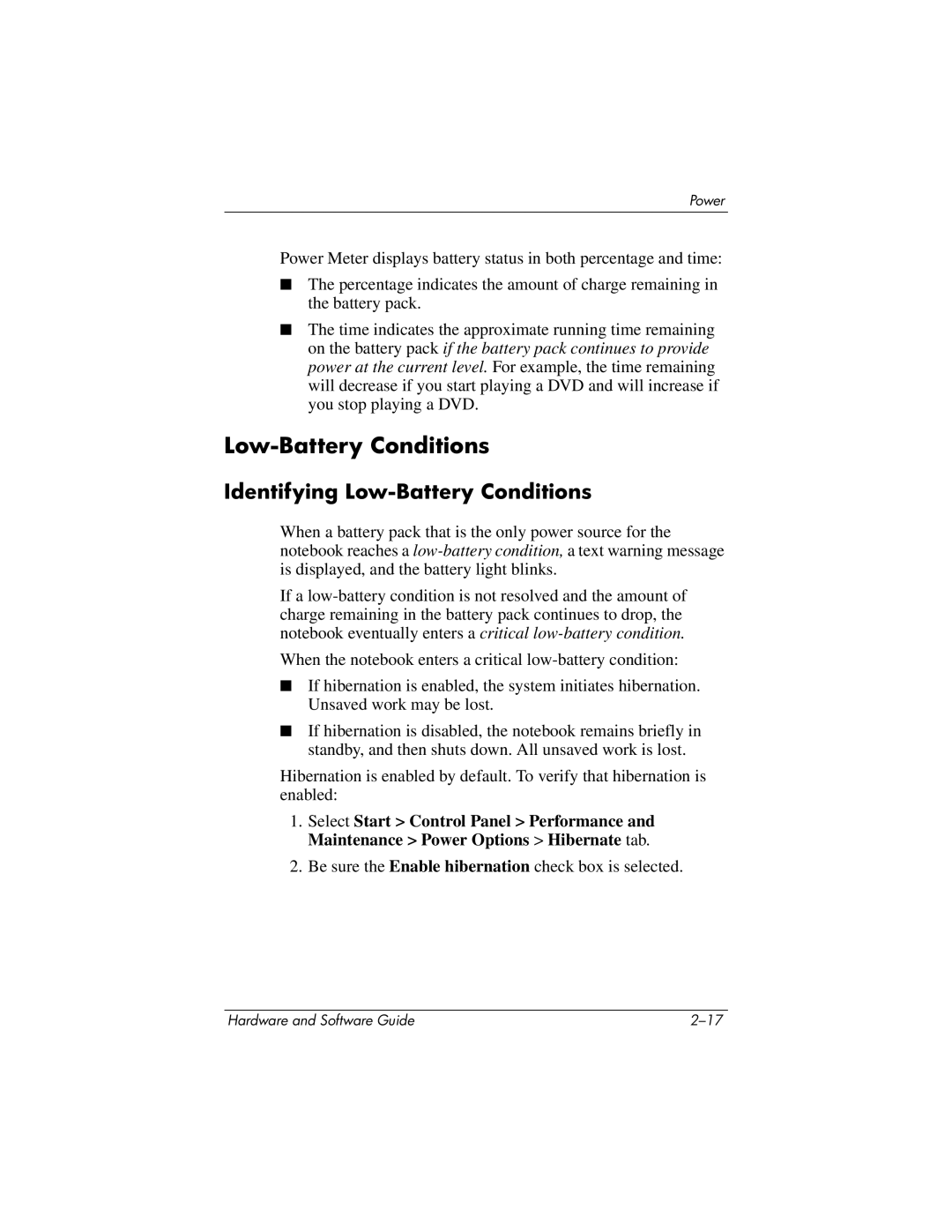 HP 375424-001 manual Identifying Low-Battery Conditions 