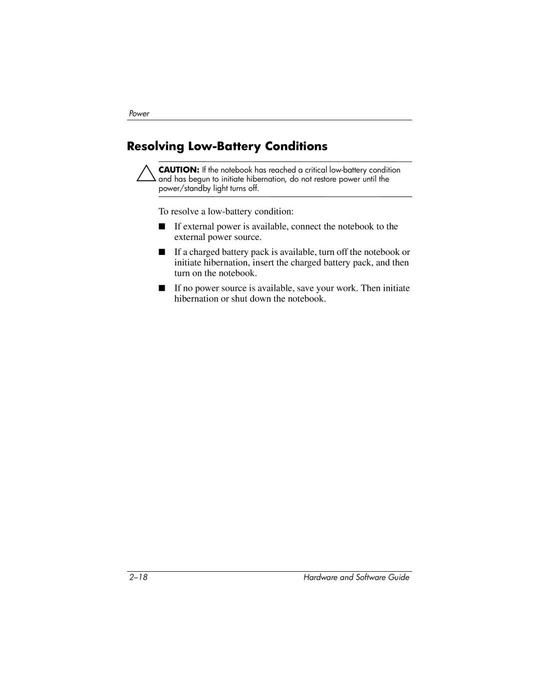 HP 375424-001 manual Resolving Low-Battery Conditions 