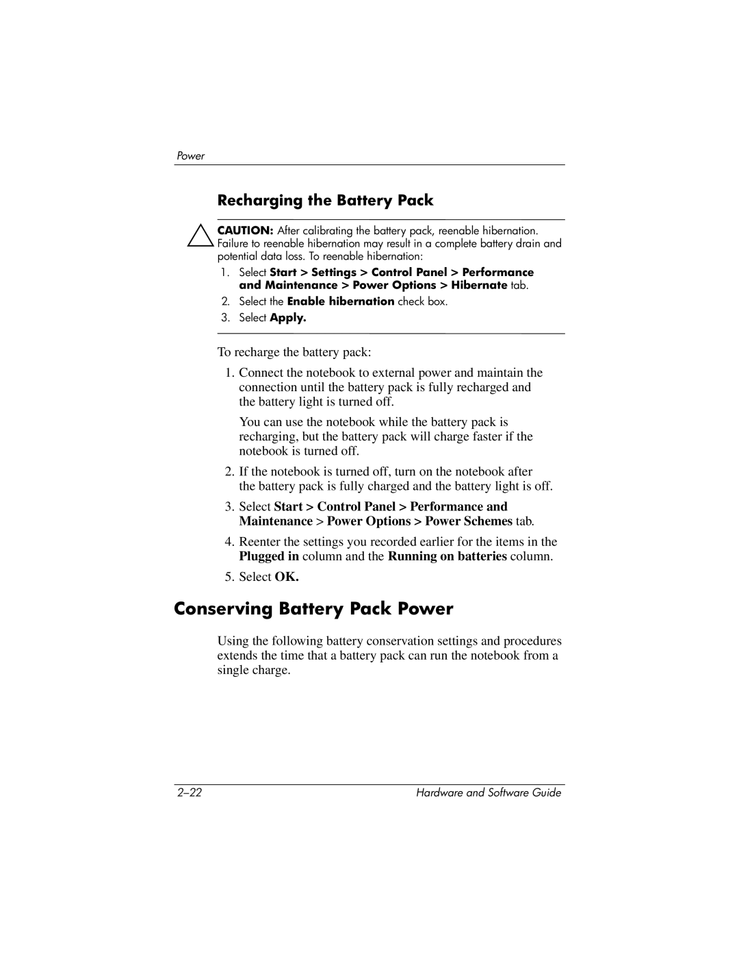 HP 375424-001 manual Conserving Battery Pack Power, Recharging the Battery Pack 