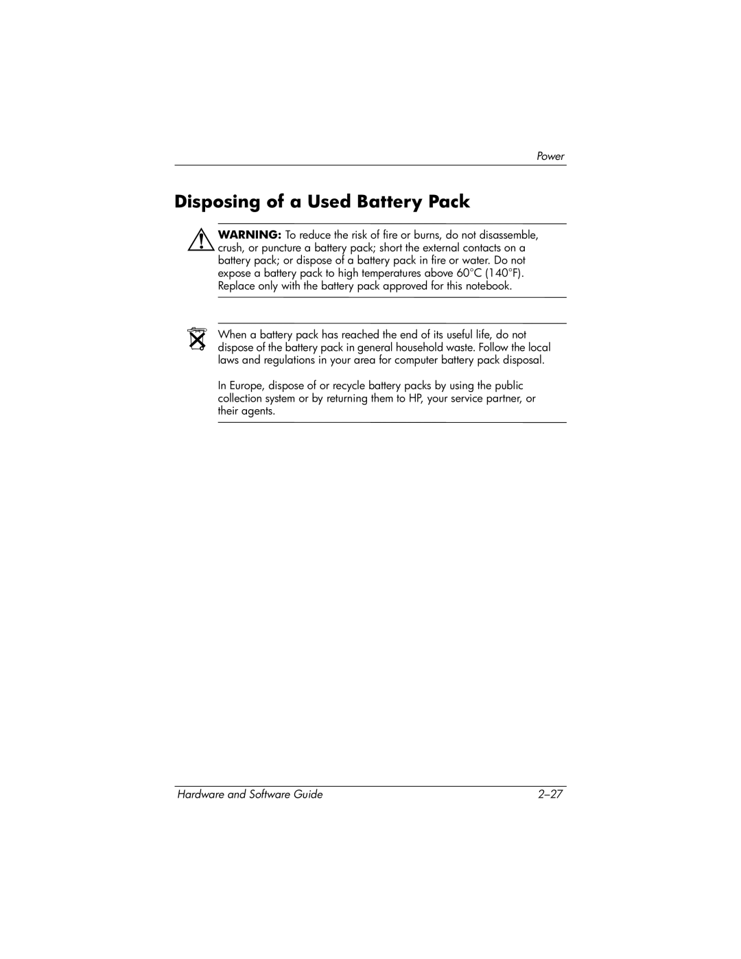 HP 375424-001 manual Disposing of a Used Battery Pack 