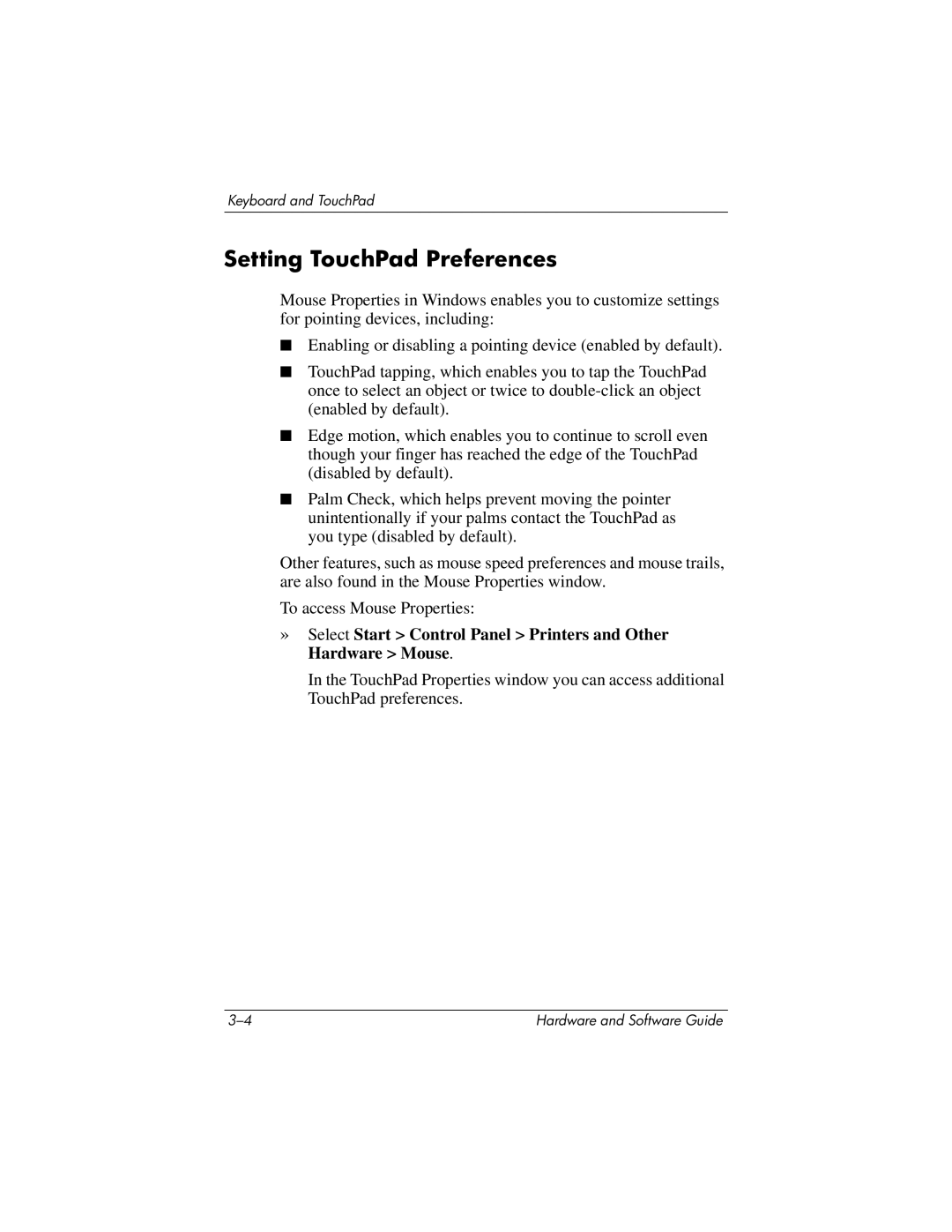 HP 375424-001 manual Setting TouchPad Preferences 