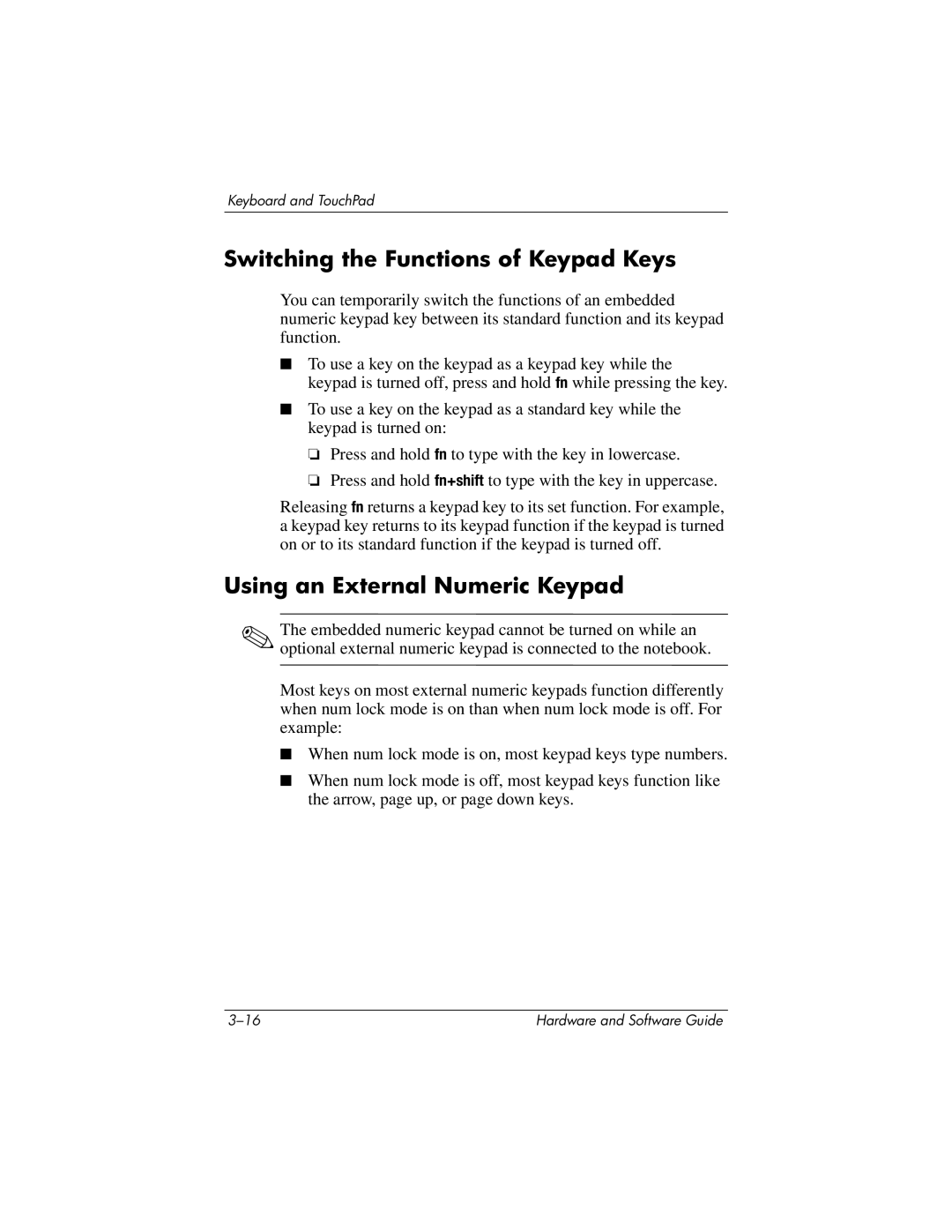 HP 375424-001 manual Switching the Functions of Keypad Keys, Using an External Numeric Keypad 