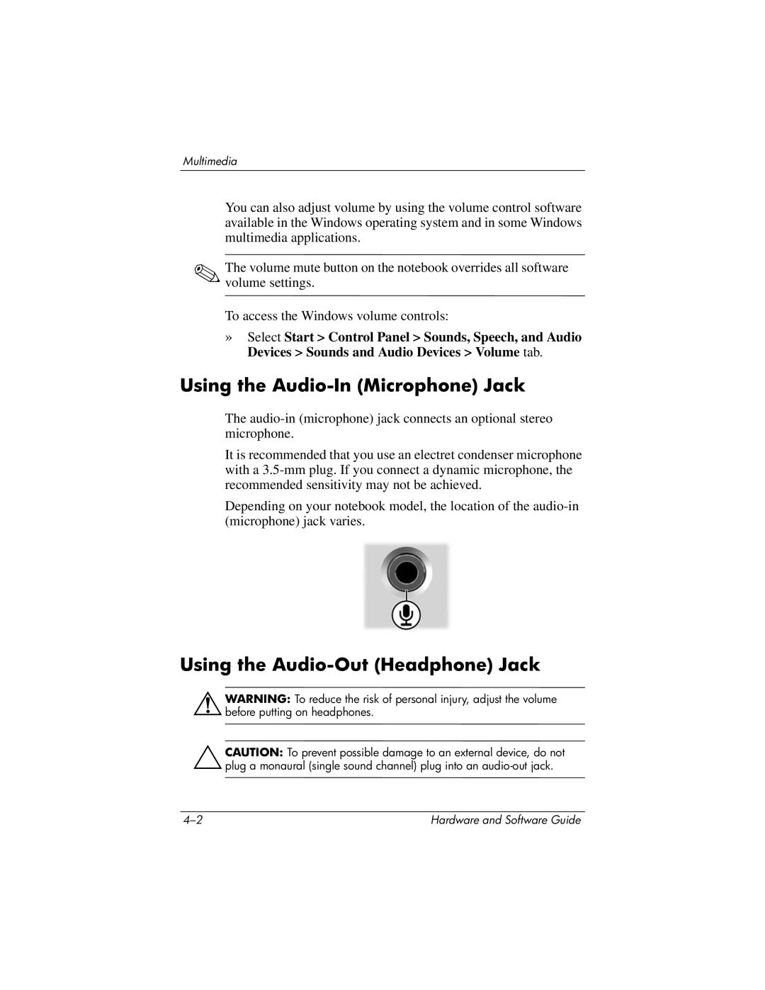 HP 375424-001 manual Using the Audio-In Microphone Jack, Using the Audio-Out Headphone Jack 