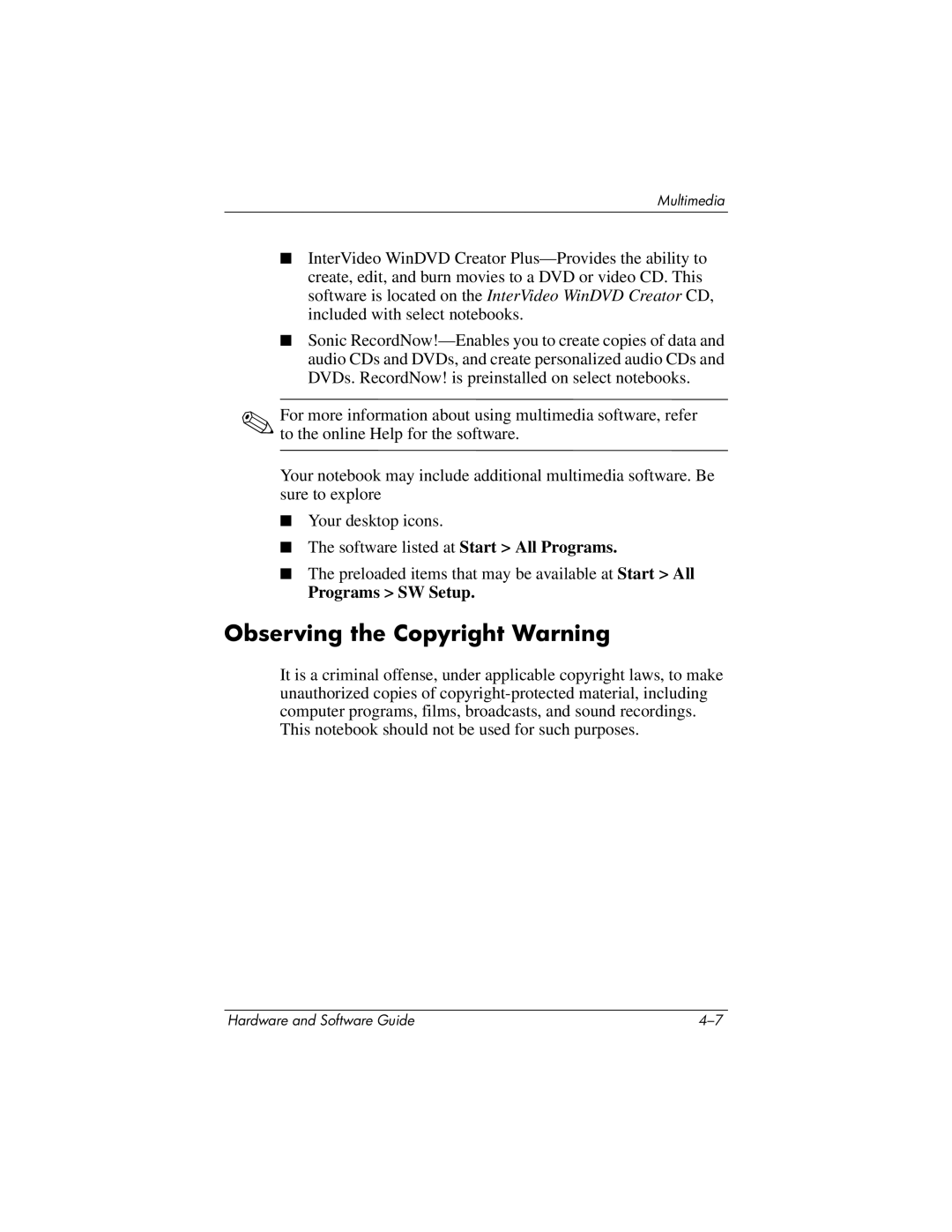 HP 375424-001 manual Observing the Copyright Warning 