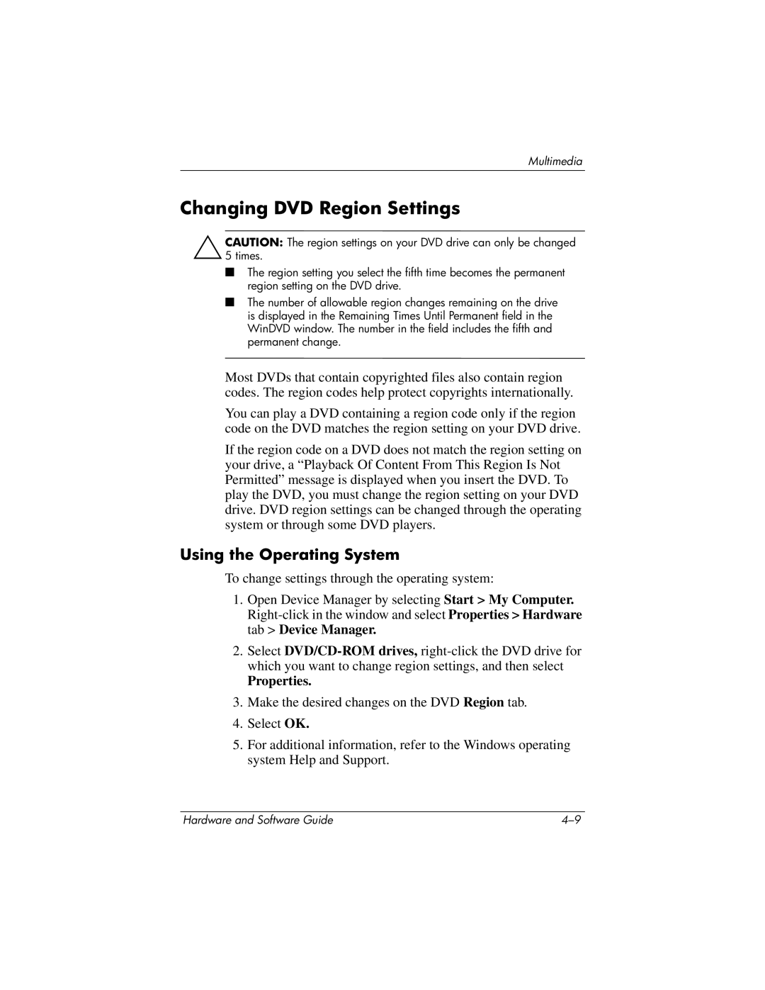 HP 375424-001 manual Changing DVD Region Settings, Using the Operating System 