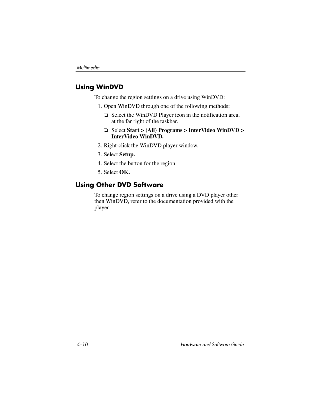 HP 375424-001 manual Using WinDVD, Using Other DVD Software 