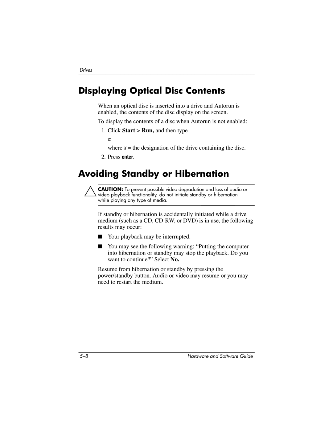 HP 375424-001 manual Displaying Optical Disc Contents, Avoiding Standby or Hibernation 