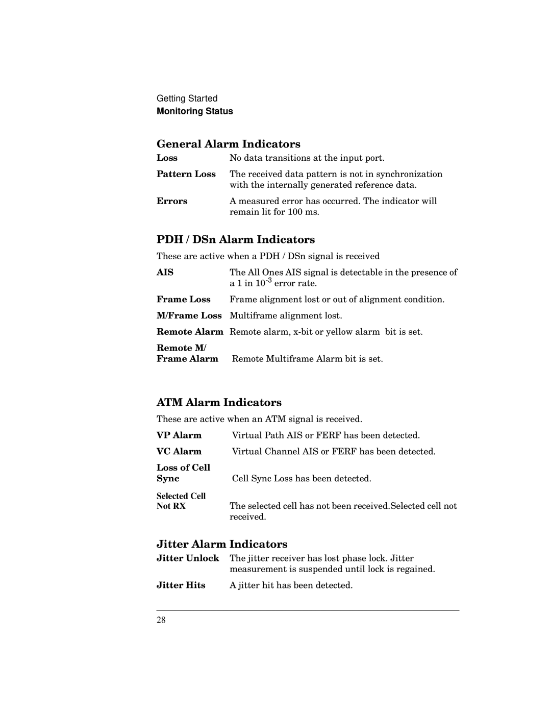 HP 37717C manual General Alarm Indicators, PDH / DSn Alarm Indicators, ATM Alarm Indicators, Jitter Alarm Indicators 