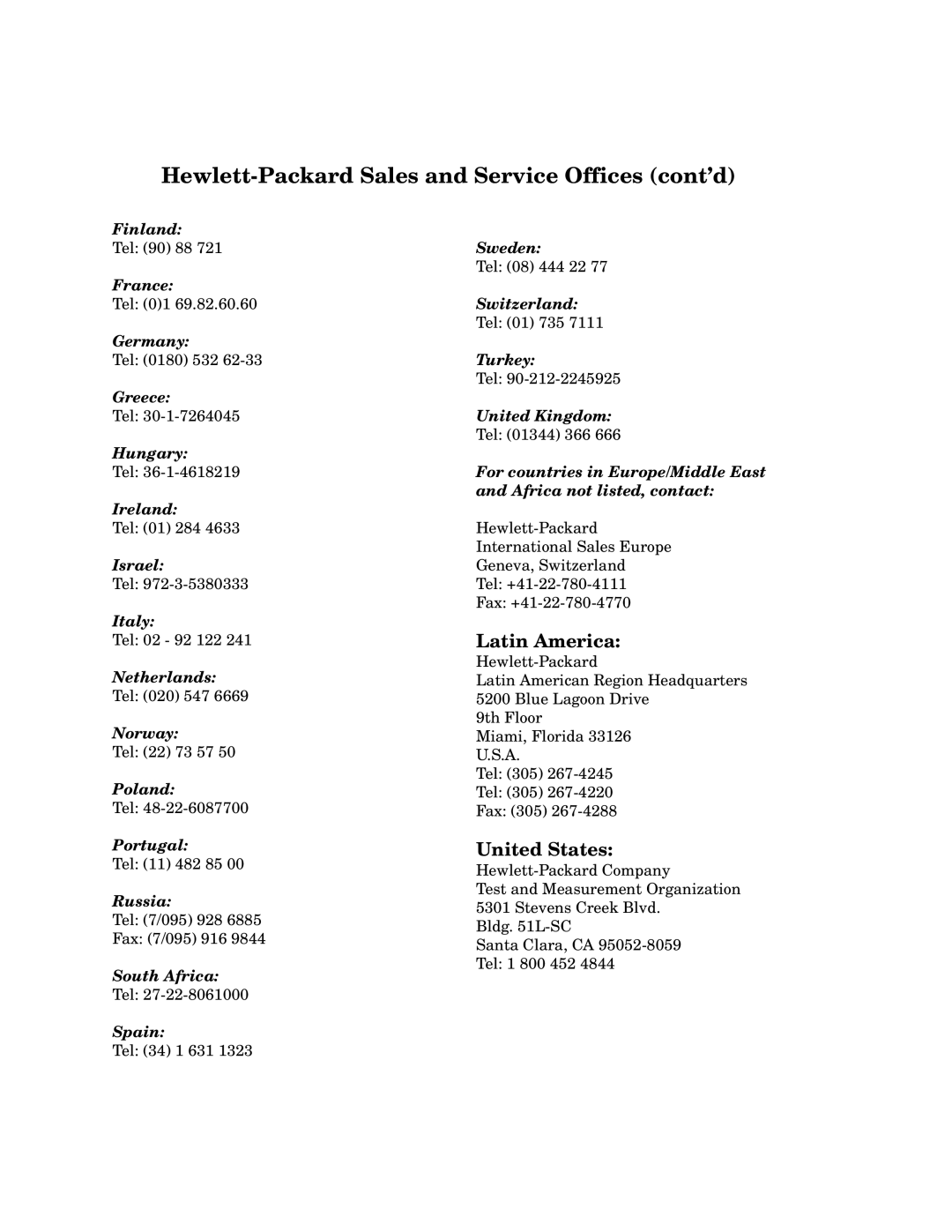 HP 37717C manual Hewlett-Packard Sales and Service Offices cont’d, Latin America, United States 