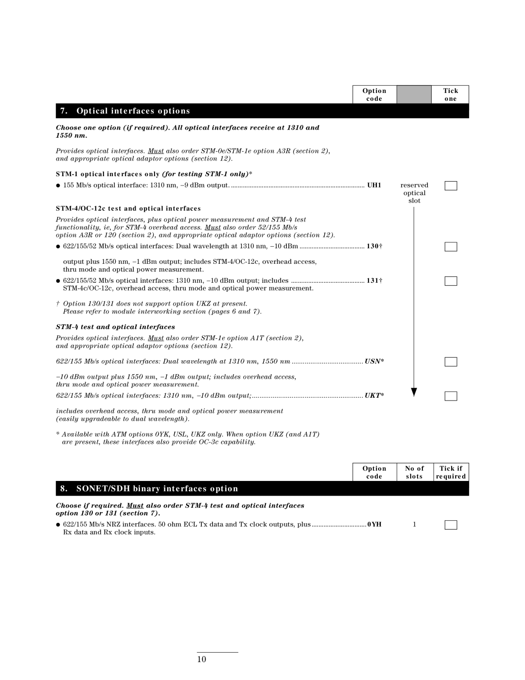 HP 37717C manual Optical interfaces options, SONET/SDH binary interfaces option, STM-4 test and optical interfaces 