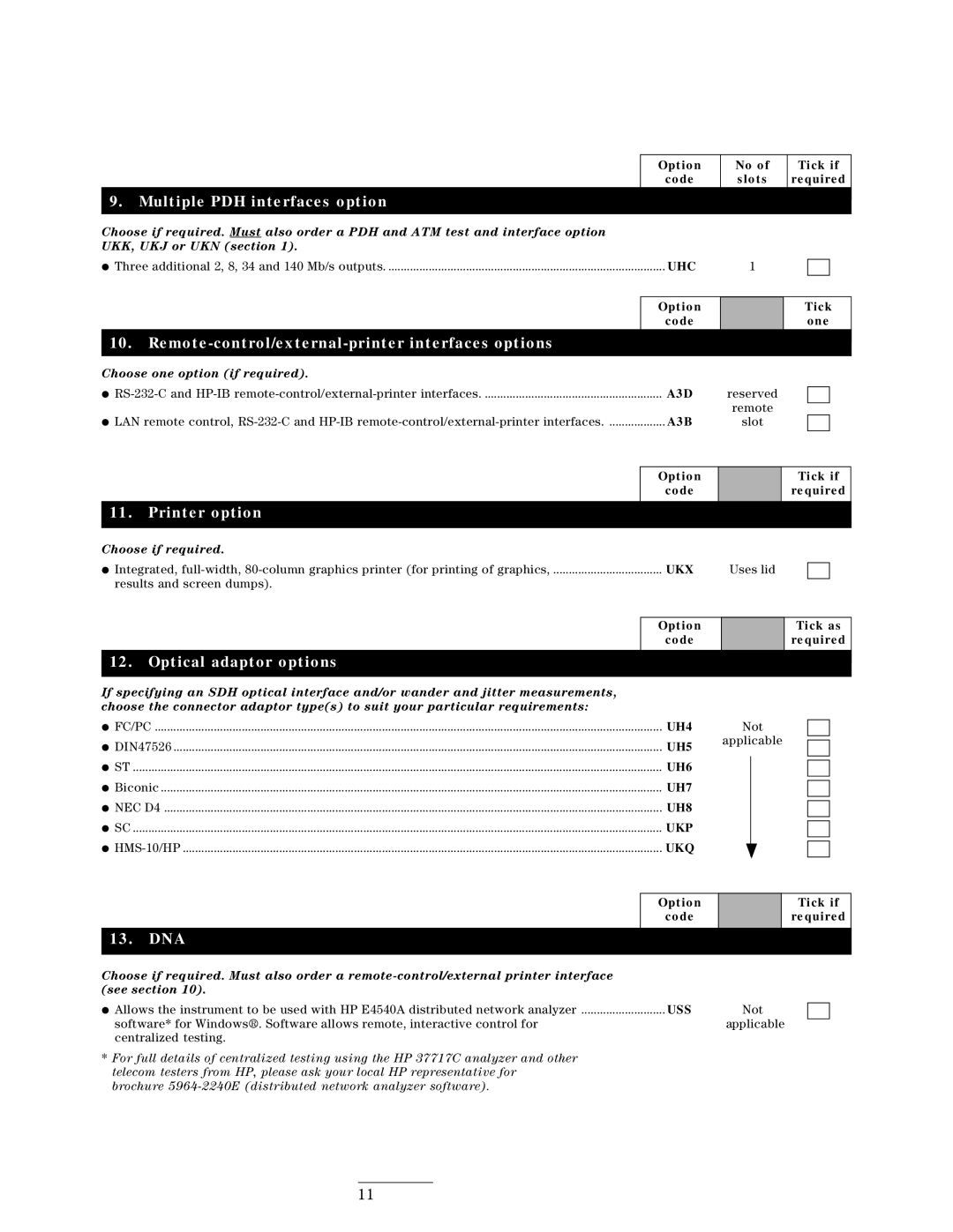 HP 37717C manual Multiple PDH interfaces option, Remote-control/external-printer interfaces options, Printer option, Dna 