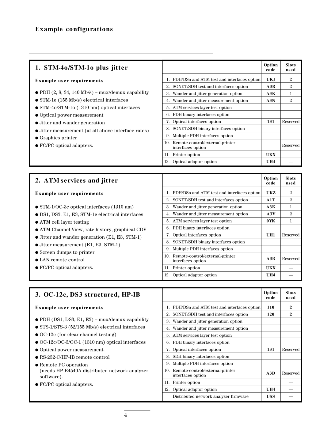 HP 37717C manual Example configurations STM-4o/STM-1o plus jitter, ATM services and jitter, OC-12c, DS3 structured, HP-IB 