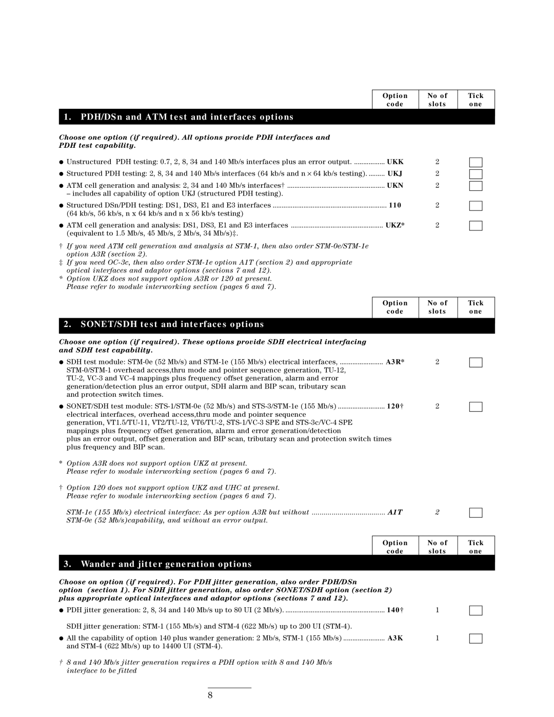 HP 37717C PDH/DSn and ATM test and interfaces options, SONET/SDH test and interfaces options, Option Tick Code Slots One 